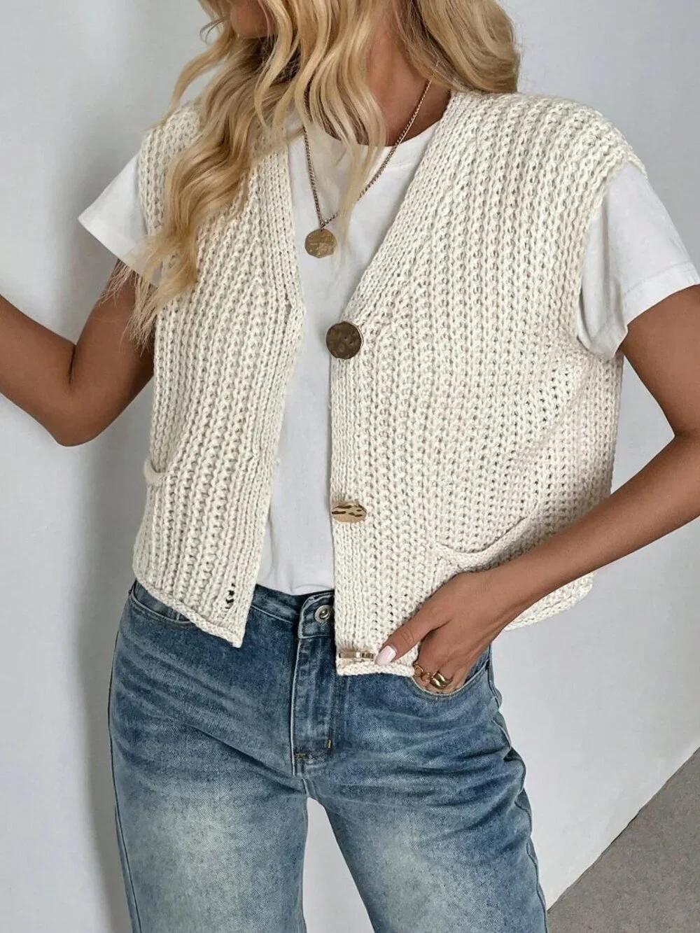 Apricot Casual Women's V-Neck Ribbed Knitted Cardigan Sweater Vest